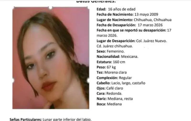 Activan búsqueda para localizar a menor desaparecida en Ciudad Juárez
