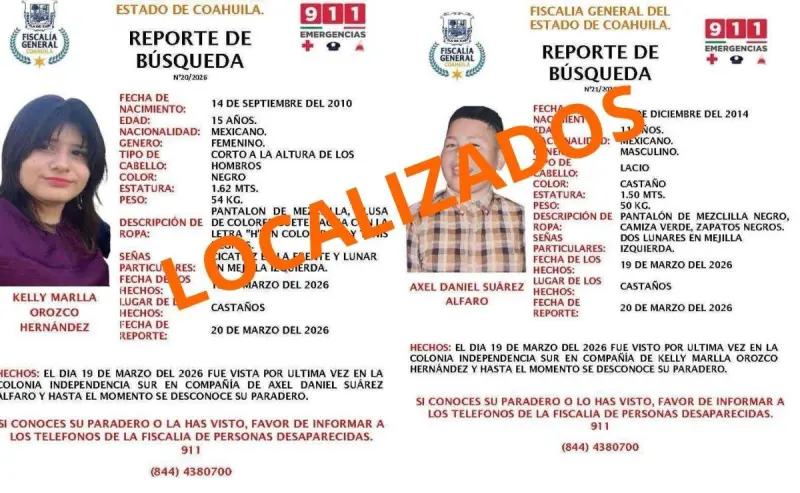 Menores desparecidos en Castaños fueron localizados sanos y salvos en Monterrey