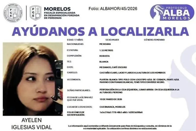 Desaparece otra alumna en Morelos; busca Fiscalía a Ayelen
