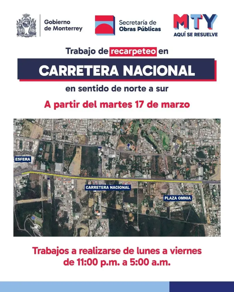 Inicia Monterrey trabajos nocturnos de rehabilitación en Carretera Nacional