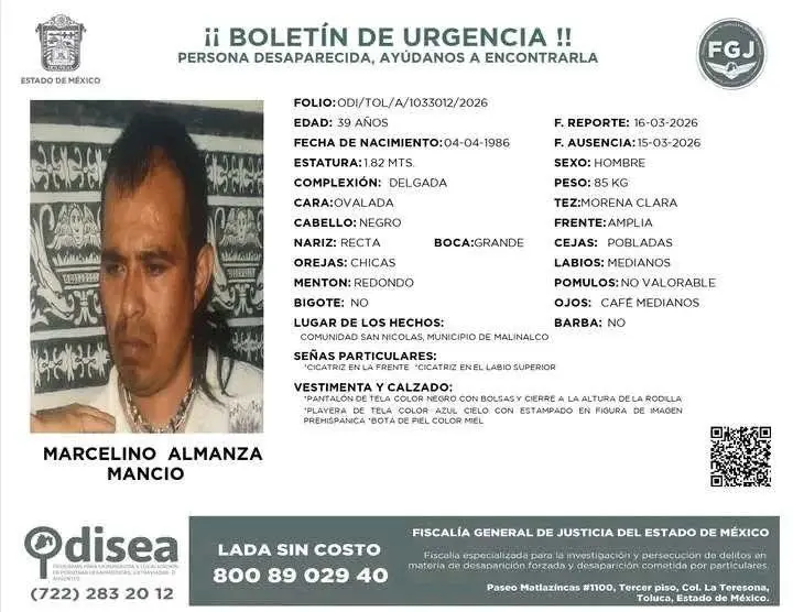 Buscan a hombre presuntamente privado de la libertad en Malinalco