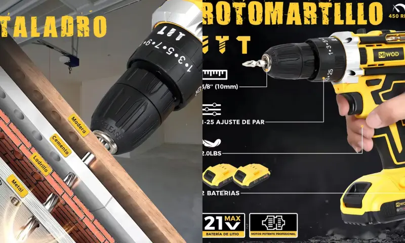 El taladro rotomartillo Miwod de 21V cae a 378 pesos en Mercado Libre tras un descuento del 54%, ofreciendo un kit de 31 piezas y doble batería para perforar concreto y madera en el hogar