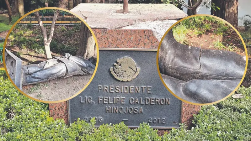 La estatua de Felipe Calderón permanece en el piso en Los Pinos tras caer por una tormenta; Cultura asegura que no la levantará hasta evitar otro siniestro