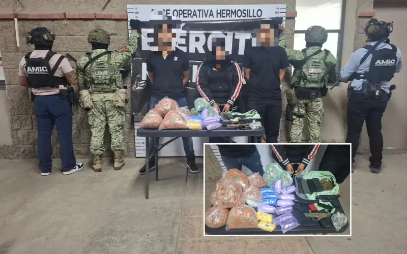 Cateo conjunto en Hermosillo termina con tres detenidos y arsenal asegurado: autoridades incautan más de 3,700 envoltorios de droga, armas Glock y Canik, además de 88 cartuchos útiles