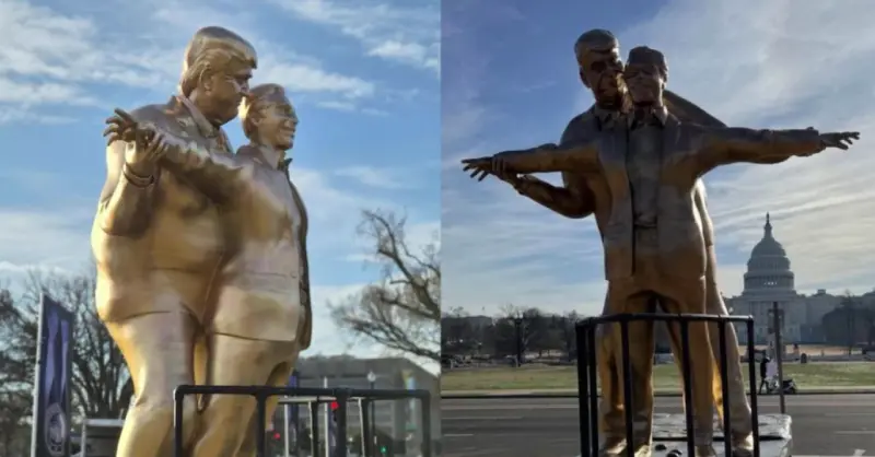 Estatua de Trump y Epstein recrea escena de Titanic frente al Capitolio en Washington