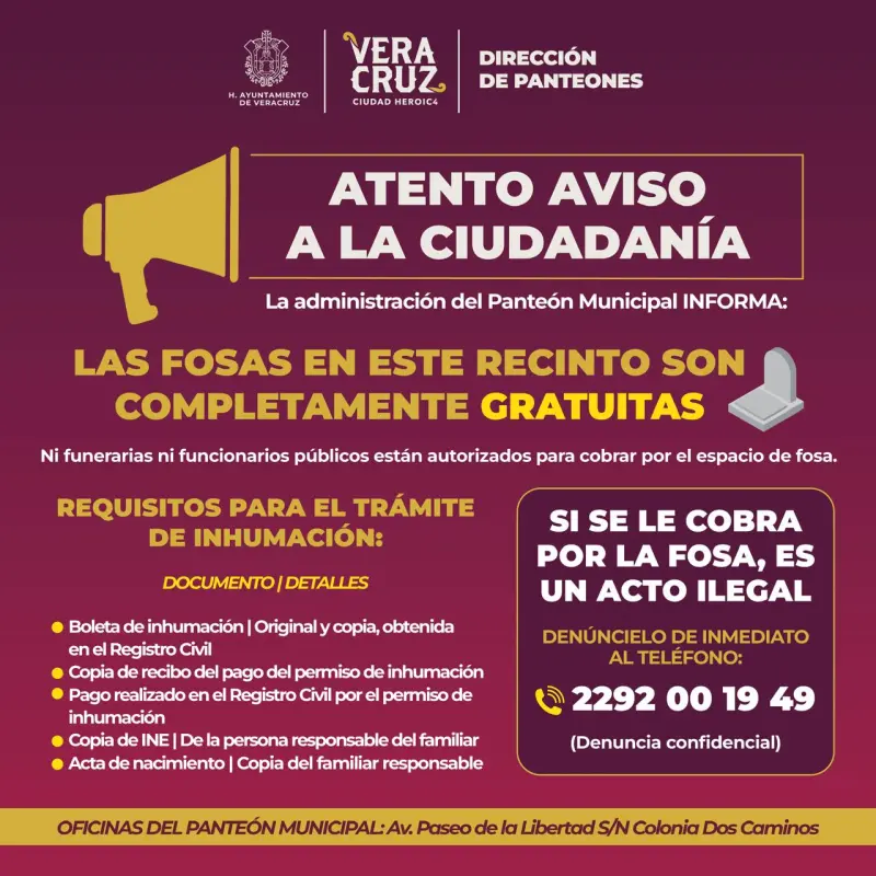 Gratuitas, fosas del Panteón Municipal de Veracruz