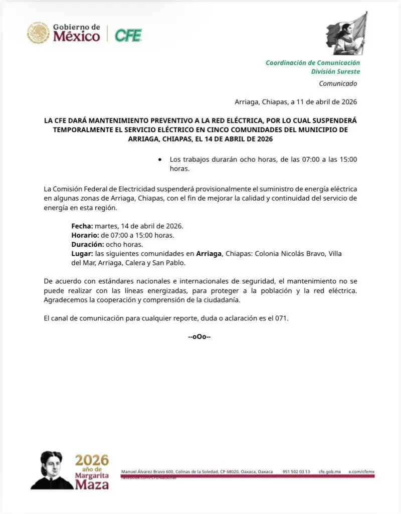 Programan suspensión de energía eléctrica en Arriaga este 14 de abril