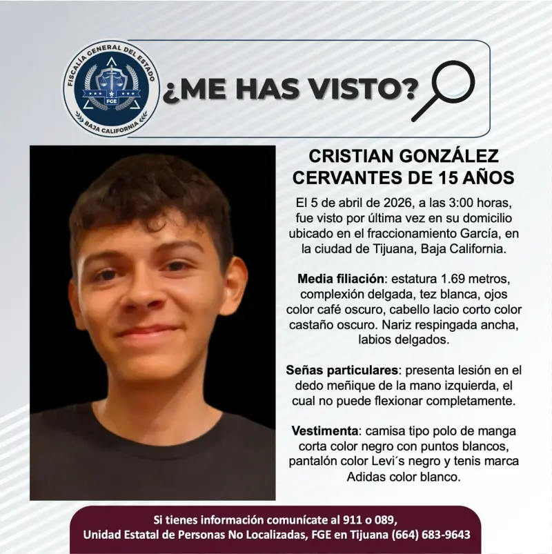 Se busca a Cristian González Cervantes de 15 años
