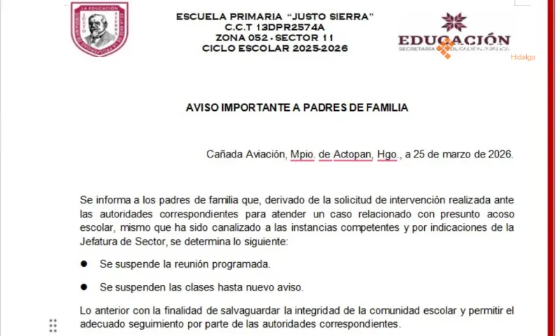 Dudan regreso a clases en primaria de Actopan tras presunta denuncia de acoso