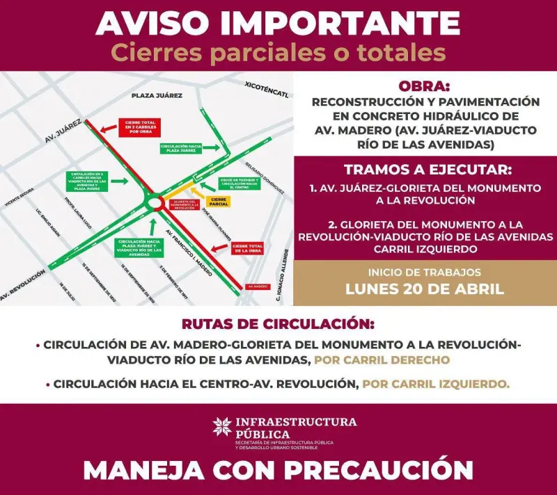 Este 20 de abril, se llevarán a cabo obras en Avenida Madero en Pachuca