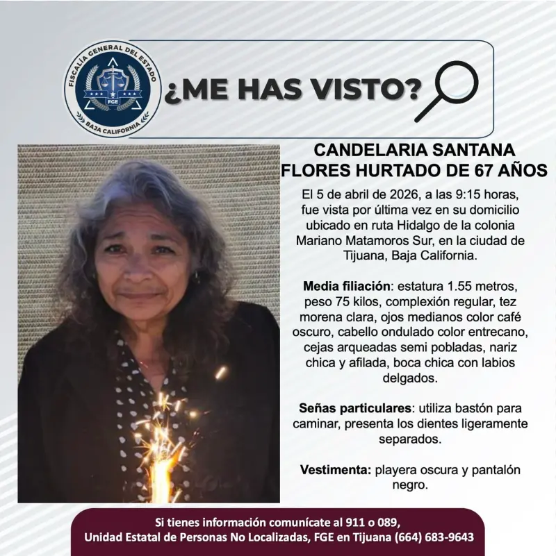 Se busca a Candelaria Santana Flores Hurtado de 67 años