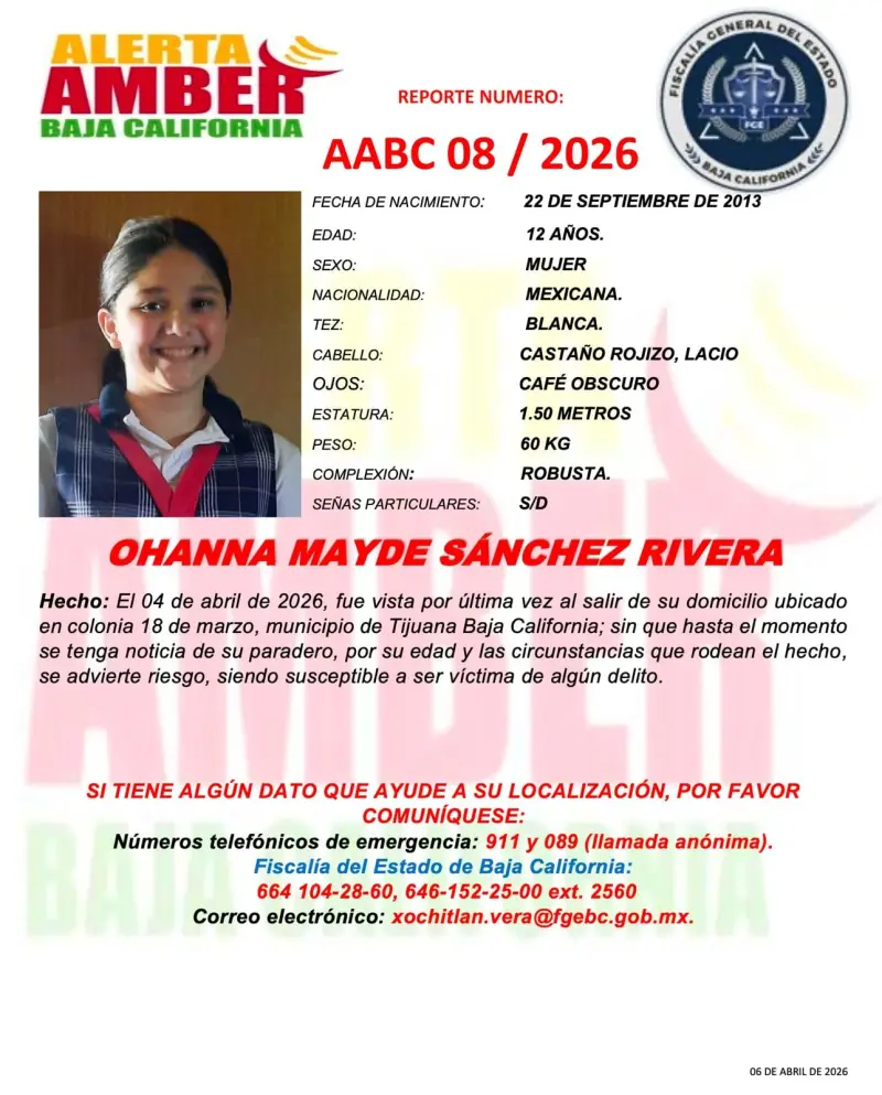 Activan alerta Amber por Ohanna Mayde Sánchez Rivera de 12 años
