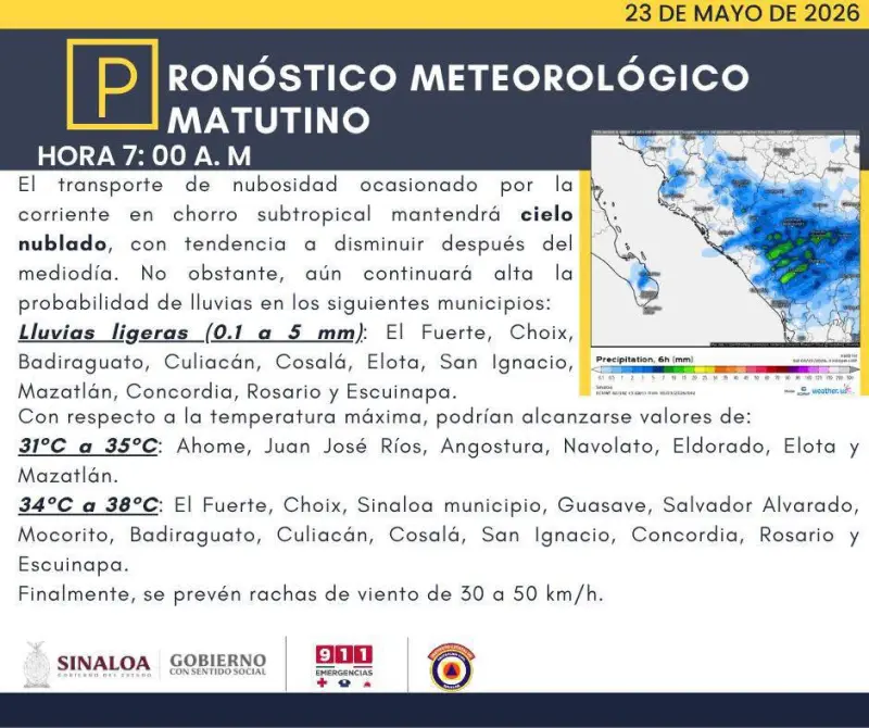 Corriente en chorro nubla a Sinaloa; prevén lluvias ligeras en 11 municipios este sábado