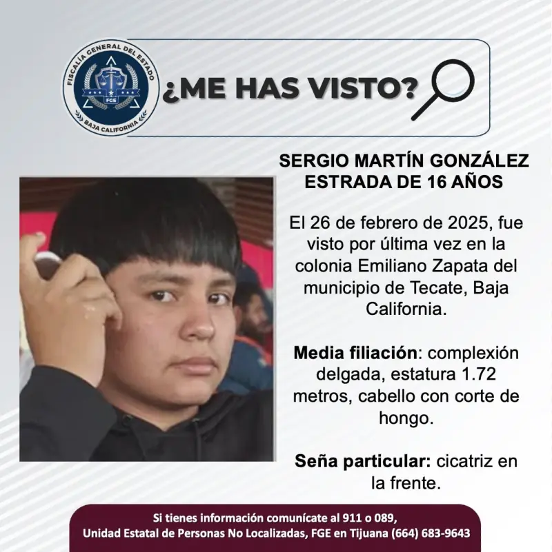 Se busca a Sergio Martín González Estrada de 16 años