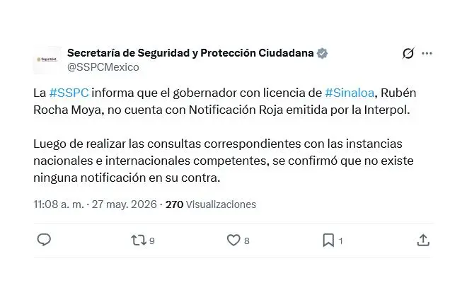 Rocha Moya no cuenta con ficha roja de Interpol: SSPC