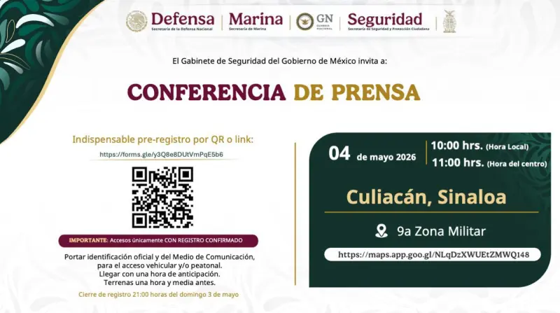 Tras licencia de Rocha y Gamez Gabinete de Seguridad federal ofrecerá rueda de prensa en Culiacán