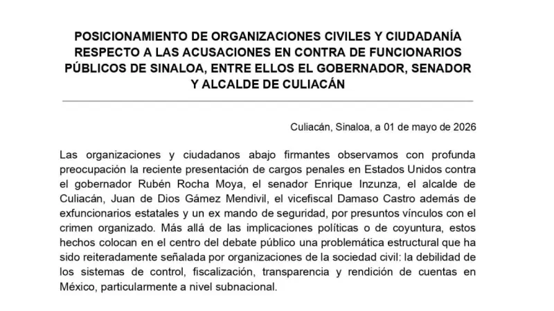Urgen organizaciones civiles indagar a fondo acusaciones contra Rocha y funcionarios