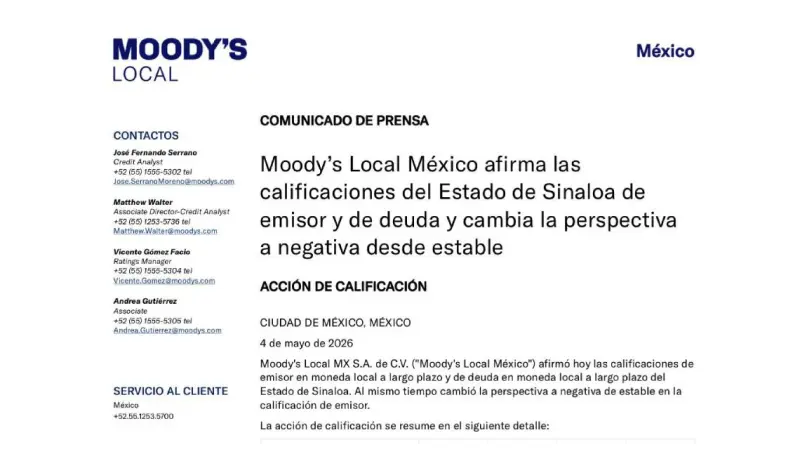 Moody’s cambia a negativa la perspectiva crediticia de Sinaloa