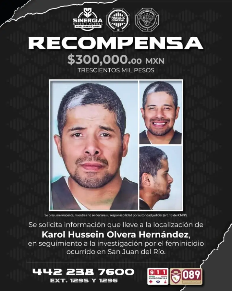 Ofrece Fiscalía de Querétaro recompensa de 300 mil pesos por presunto feminicida en San Juan del Río.