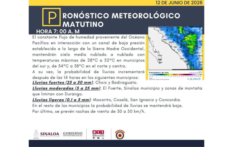 Advierten sobre lluvias fuertes en la sierra de Sinaloa por humedad del Pacífico