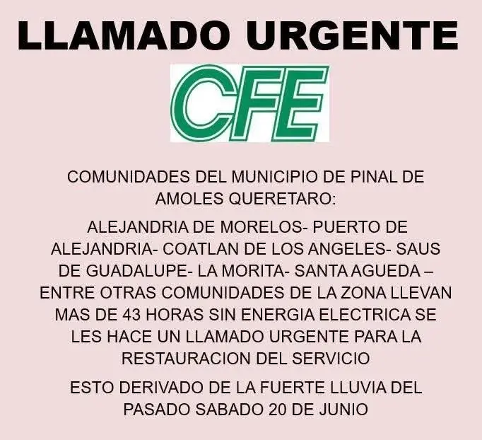 Comunidades de Pinal de Amoles cumplen más de 43 horas sin energía eléctrica; piden intervención de la CFE