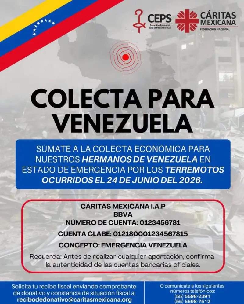 Cáritas Mexicana convoca a colecta económica en apoyo a Venezuela tras sismos