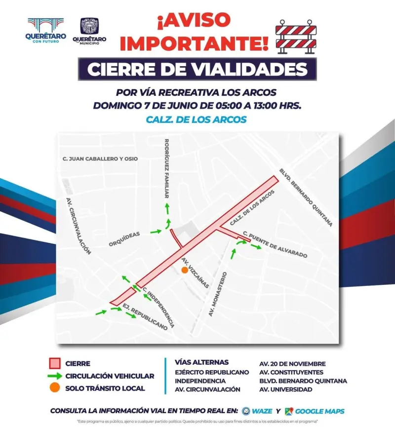 Ojo habrá cierres viales en Los Arcos este domingo; estas son las rutas alternas