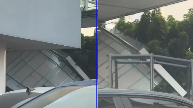 Cae techo de puente peatonal en el AICM: Una automovilista resultó afectada