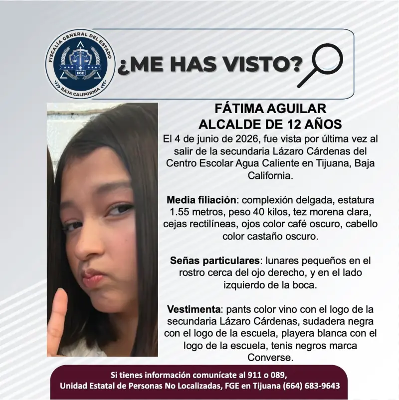 Se busca Fátima Aguilar Alcalde de 12 años de edad