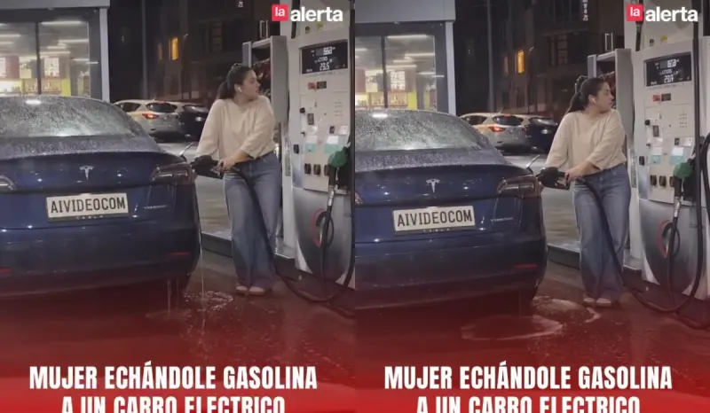 “¿Esto es IA o es en serio?” Mujer se vuelve viral tras ser captada intentando echar gasolina a un automóvil eléctrico y desata todo tipo de reacciones en redes sociales