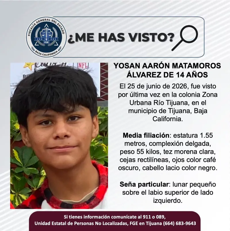 Se busca Yosan Aarón Matamoros Álvarez de 14 años