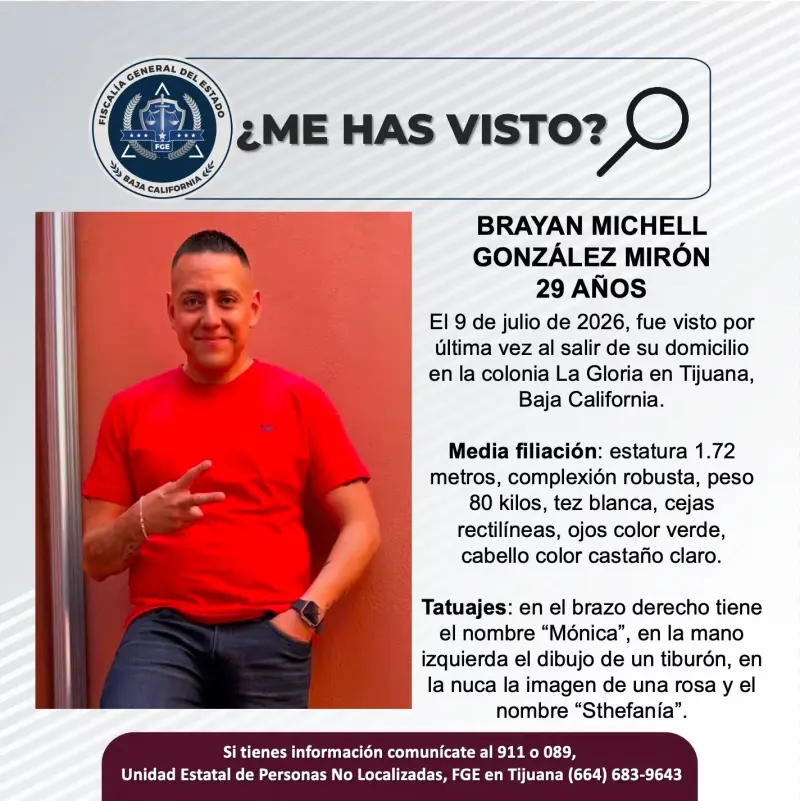 Se busca Brayan Michell González Mirón de 29 años