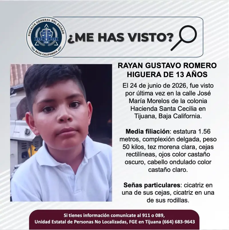 Se busca Rayan Gustavo Romero Higuera de 13 años