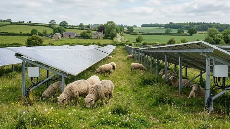 Un parque solar de Inglaterra llevó 40 ovejas a pastar entre sus paneles y documentó cómo ayudan a controlar la vegetación, proteger la biodiversidad y encontrar refugio sin frenar la generación eléctrica