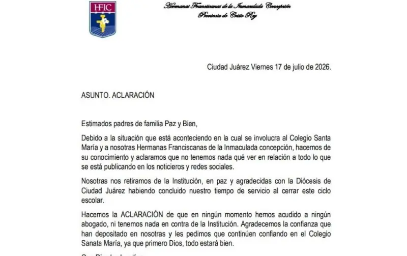Hermanas Franciscanas dejan Colegio Santa María "en paz", afirman