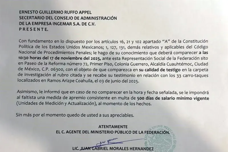 Citaron a Ruffo en noviembre como testigo por huachicol