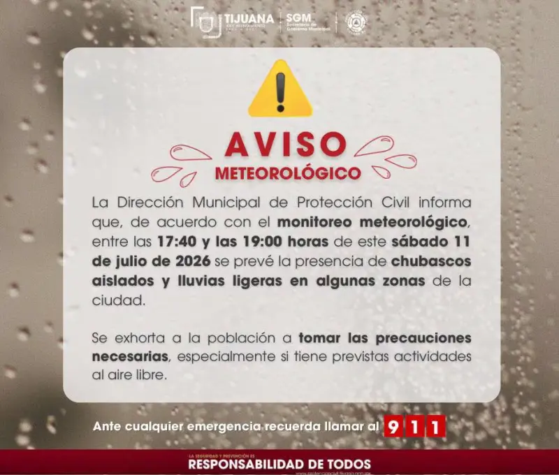 Protección Civil alerta por posibles lluvias ligeras en Tijuana la tarde de este sábado