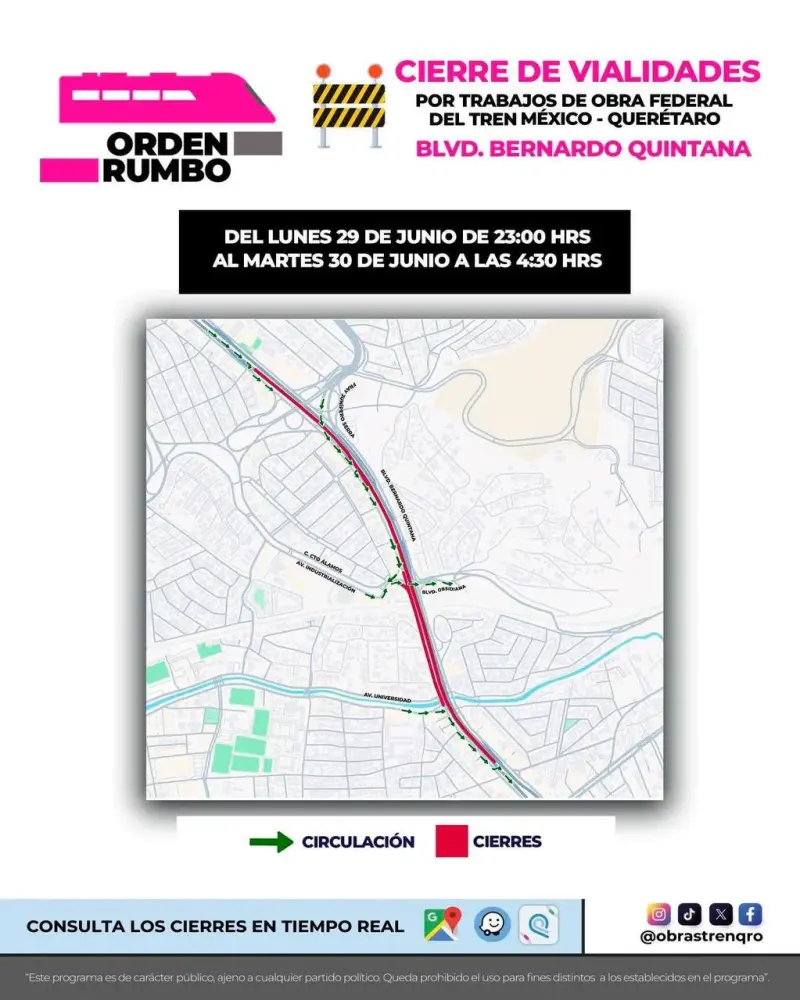 Habrá cierres nocturnos en Bernardo Quintana por obras del Tren México–Querétaro