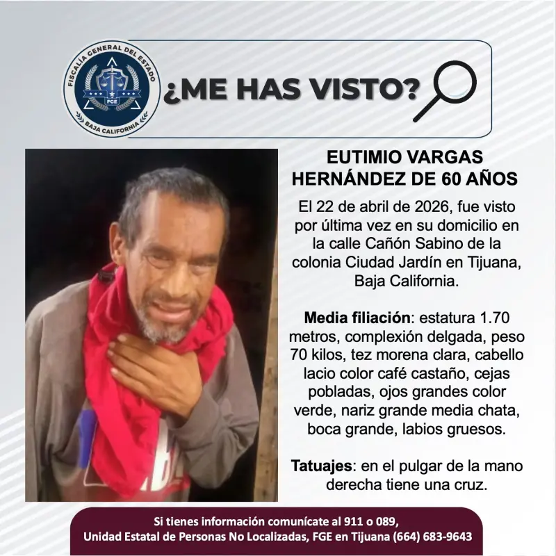Se busca Eutimio Vargas Hernández de 60 años