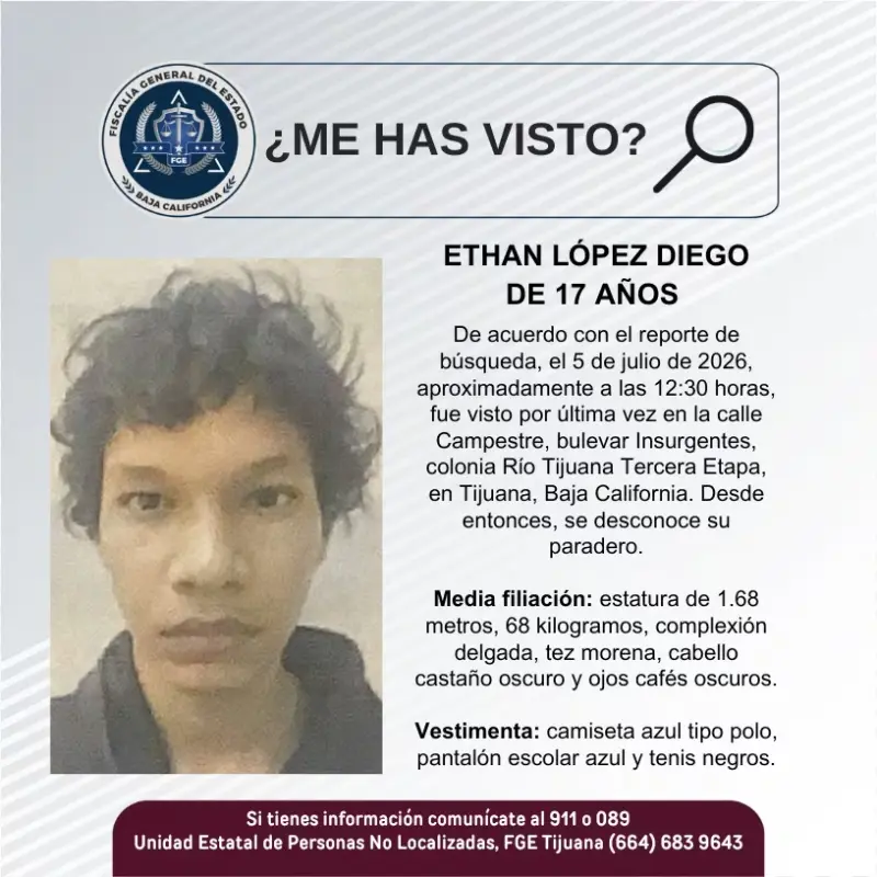 Se busca Ethan López Diego de 17 años de edad