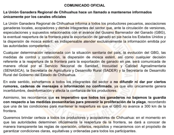 Pide UGRCH atender solo información oficial sobre reapertura ganadera