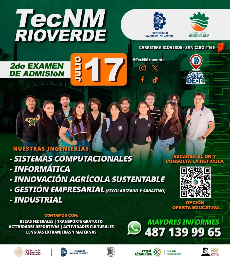 Abre Tecnológico de Rioverde segundo proceso de admisión por alta demanda
