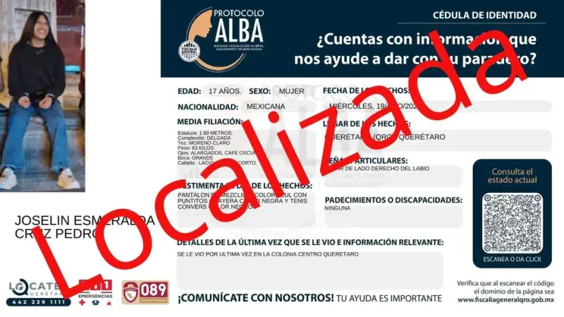 Protocolo ALBA localiza a menor desaparecida en Querétaro capital