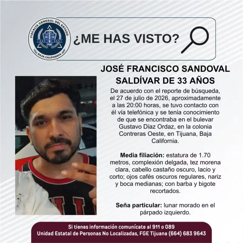 Se busca José Francisco Sandoval Saldívar, de 33 años