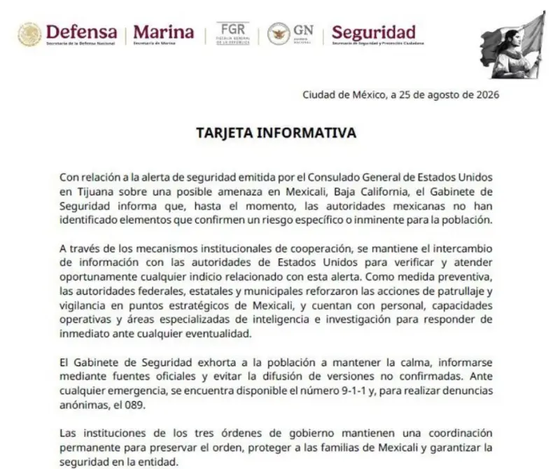 Mexicali bajo vigilancia tras alerta de EU; Gobierno de México descarta riesgo inminente