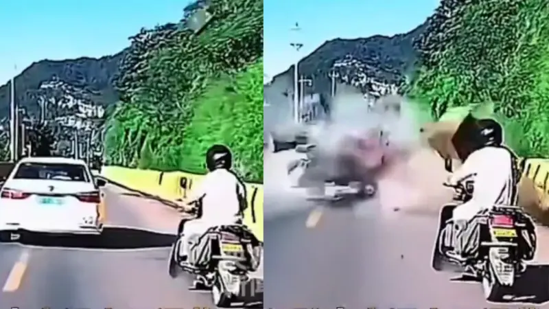 Un motociclista se salvó por segundos cuando avanzaba por una carretera y un derrumbe de piedras cayó sobre la vía, golpeando al automóvil que circulaba detrás