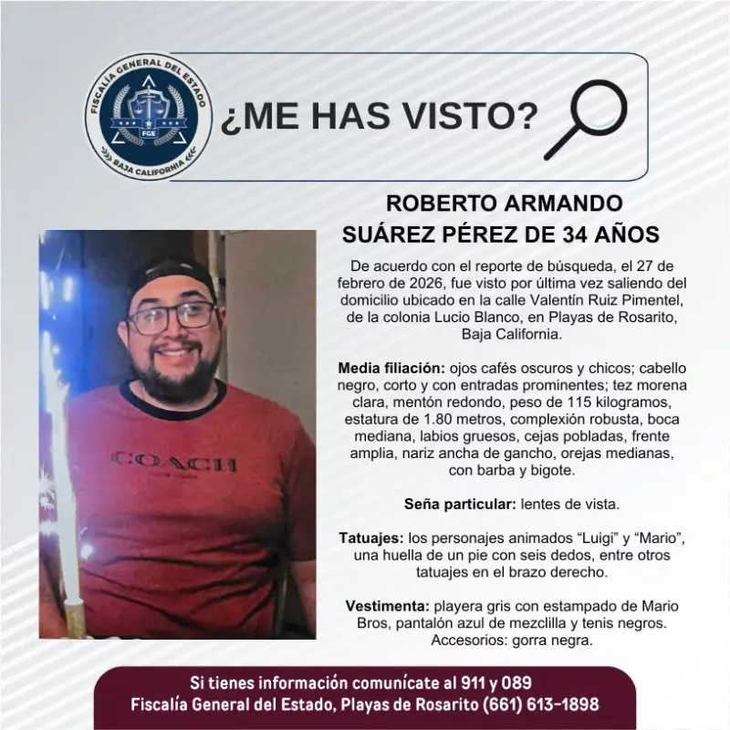 Se busca Roberto Armando Suárez Pérez de 34 años de edad