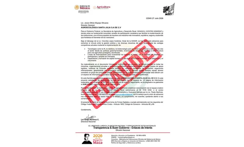 Alerta Agricultura por fraude mediante falsos oficios de patrocinio