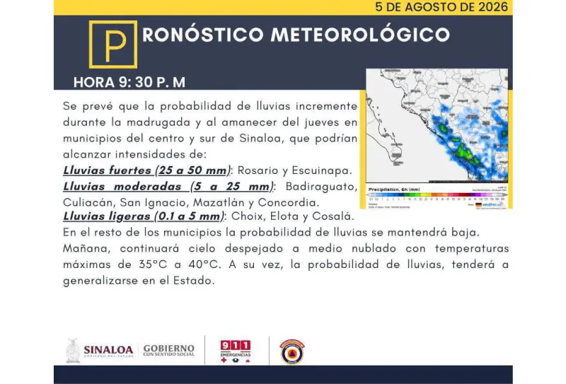 Prevén lluvias de moderadas a fuertes en el centro y sur de Sinaloa durante la madrugada del jueves