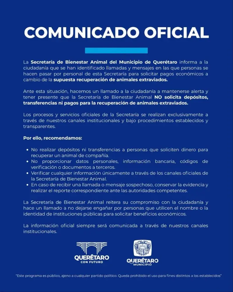 Advierte Municipio de Querétaro sobre fraude por supuesta devolución de animales extraviados